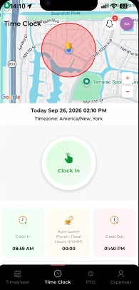 Actual WagePunch mobile Time Clock screen showing GPS clock-in, time, and punch controls
