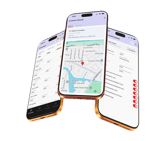 Three WagePunch mobile app views showing employee timesheets and GPS location records